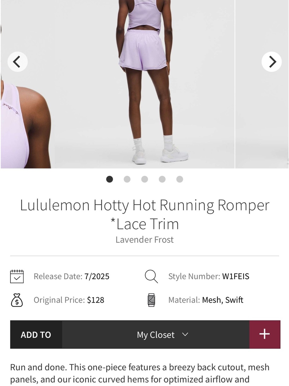 NWOT lululemon Hotty Hot Running Romper Lace-Trim in Lavender Frost Size XL